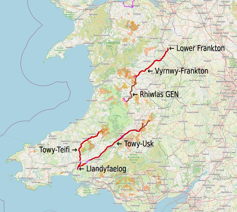 map trosolwg o linellau peilonau arfaethedig yng Nghymru